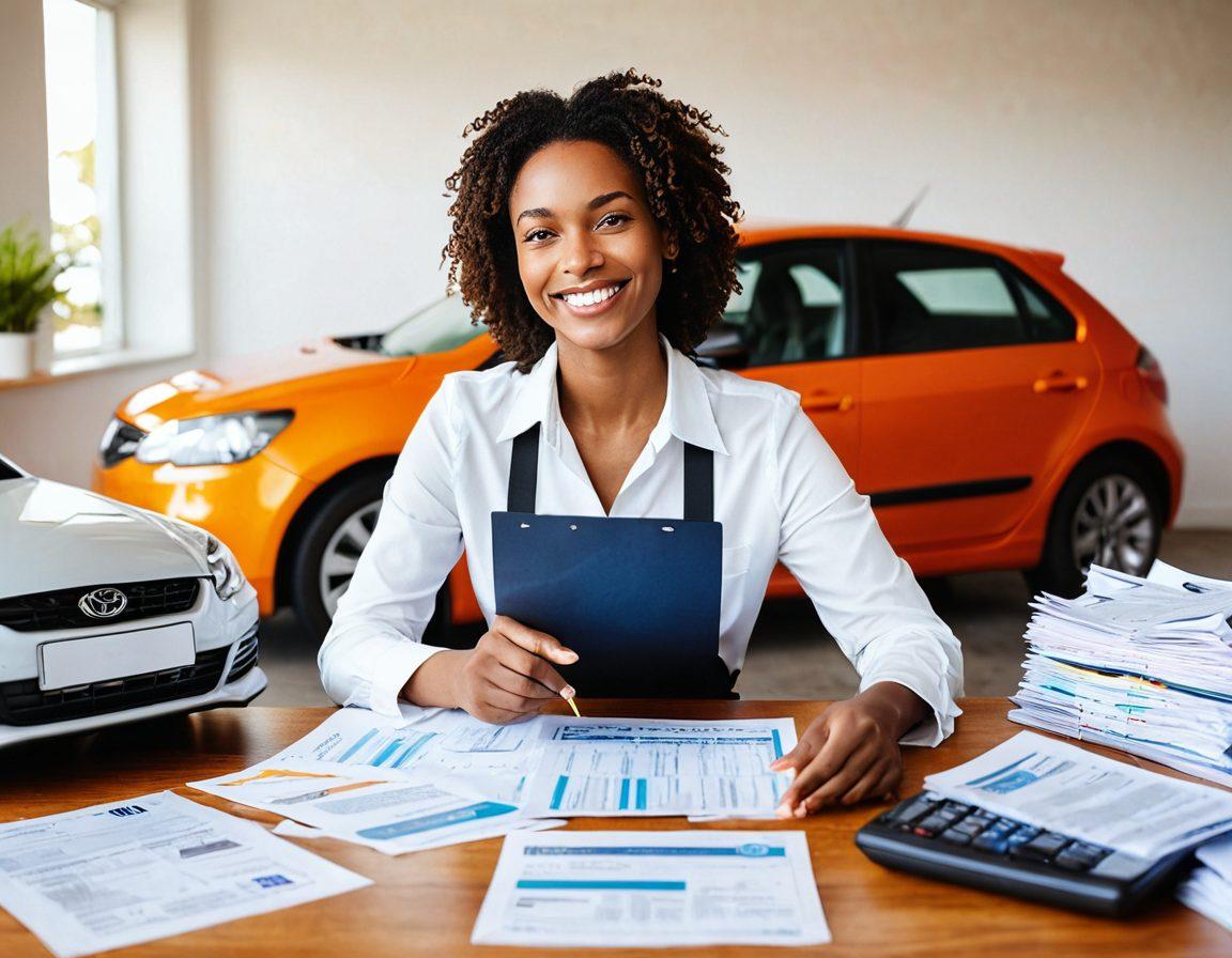 A montage of various car insurance documents and a calculator on a desk, with a person happily reviewing their options. In the background, a confident driver stands beside an affordable car under a sunny sky, symbolizing freedom and savings. The scene should evoke a sense of empowerment and clarity in decision-making. bright colors. modern illustration.