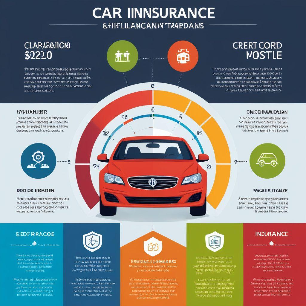 A visually engaging infographic illustrating key factors affecting car insurance estimates and premiums, featuring icons like a car, a shield, credit score metrics, driving record symbols, and demographic icons. Each factor should be color-coded, with arrows showing their influence on estimates. The background should be light to enhance readability. Include a minimalist style for clarity. vibrant colors. flat design.