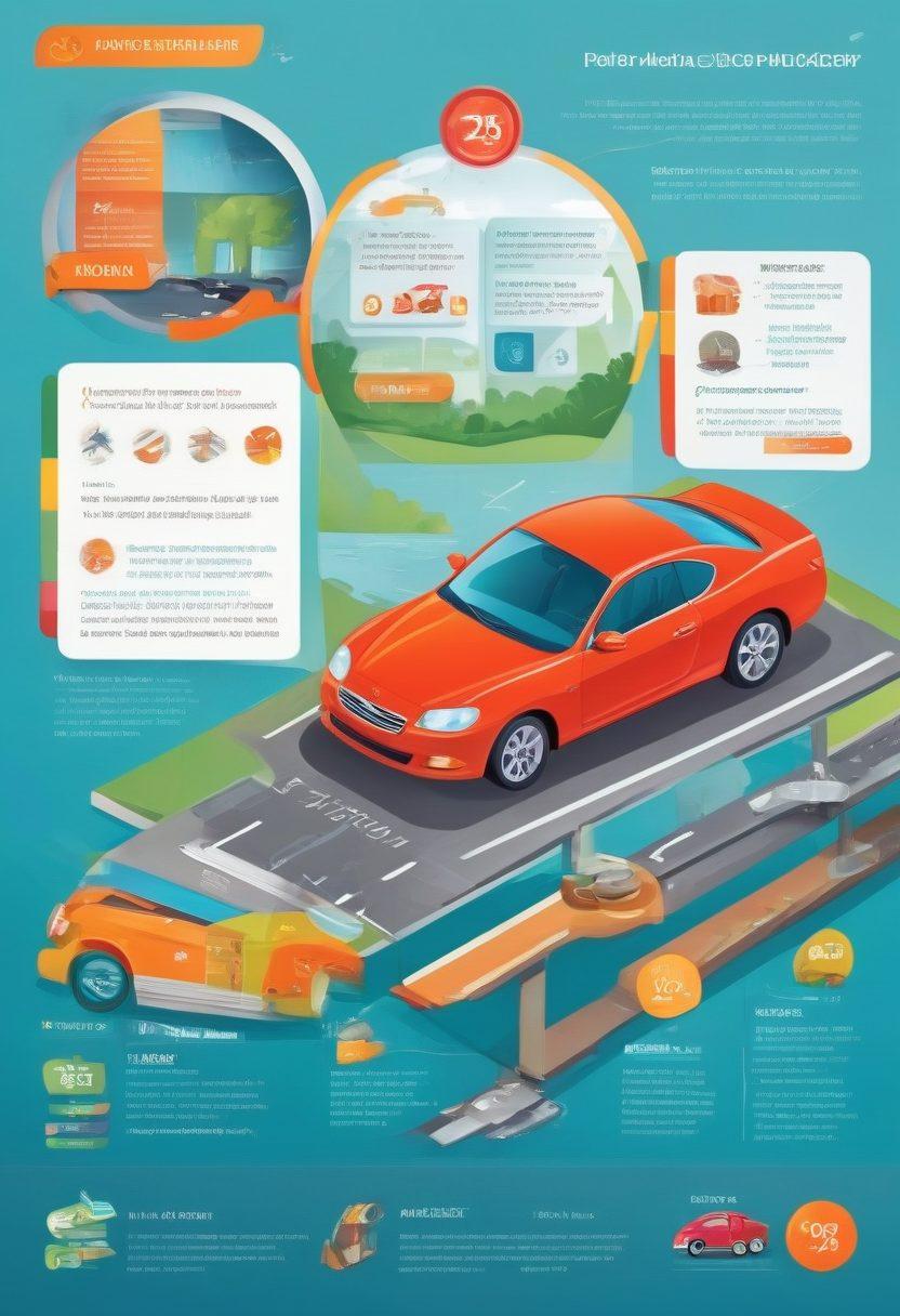 A detailed, colorful infographic depicting various auto coverage plans, interwoven with illustrations of cars, coins, and discount tags. Visual elements should represent clarity and complexity, making it easy for readers to understand their options. Include a friendly character comparing plans using a magnifying glass. Bright and engaging colors to attract attention. vector art. vibrant colors.